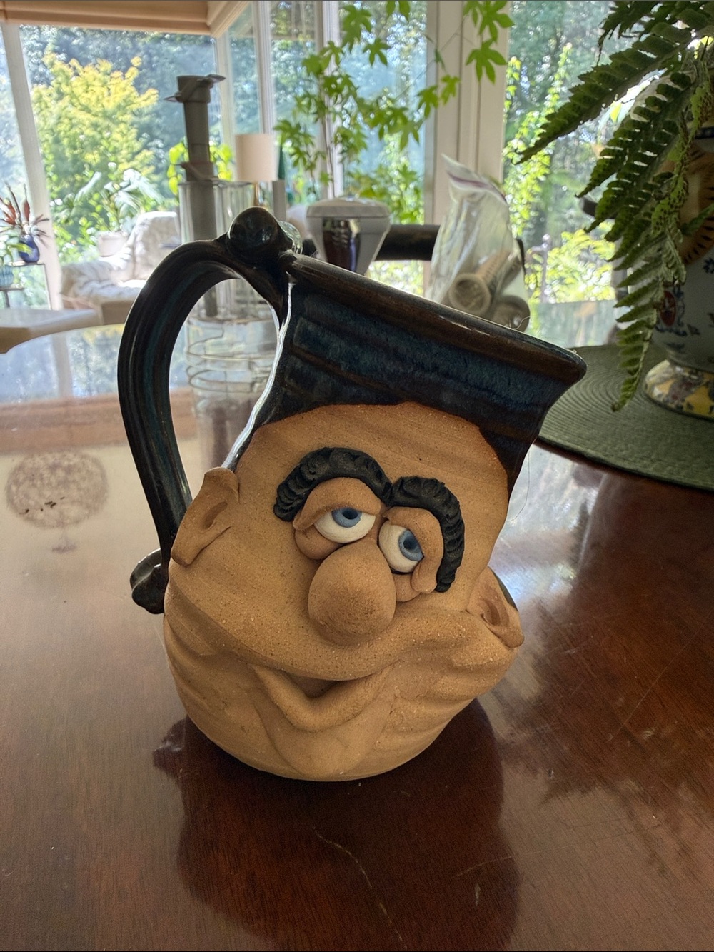Novelty Smiling Face Ceramic Pitcher in Sandstone and Dark Blue